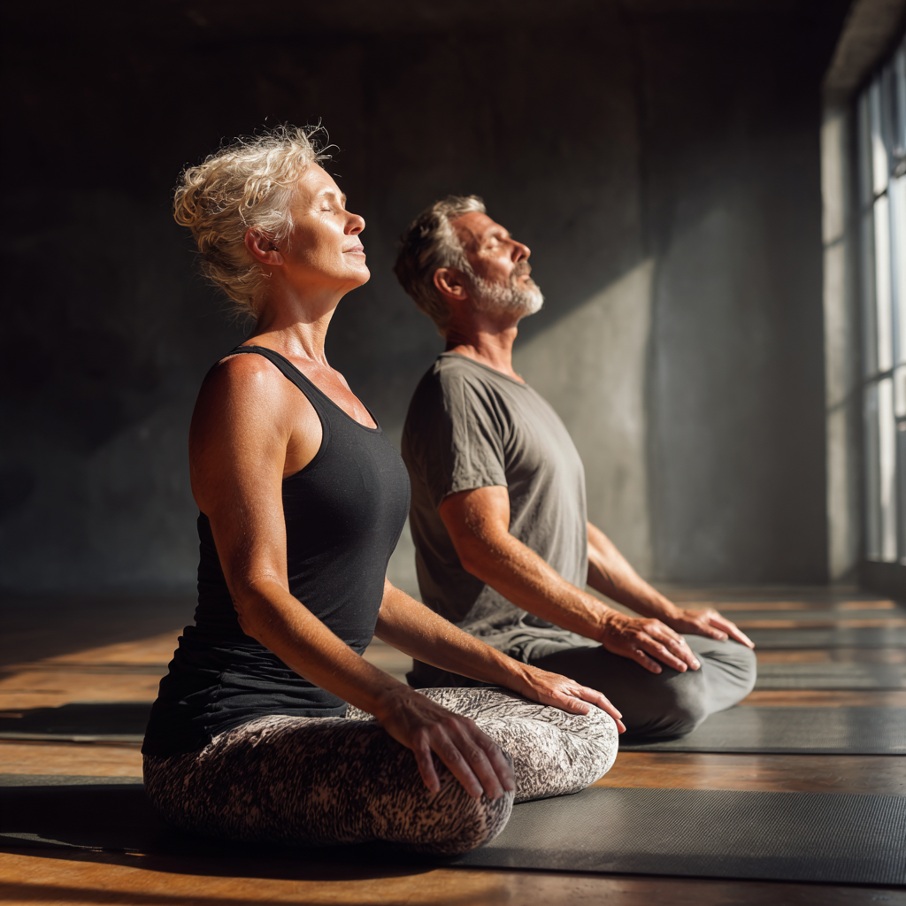 Middle-aged adults practicing gentle yoga poses in natural light