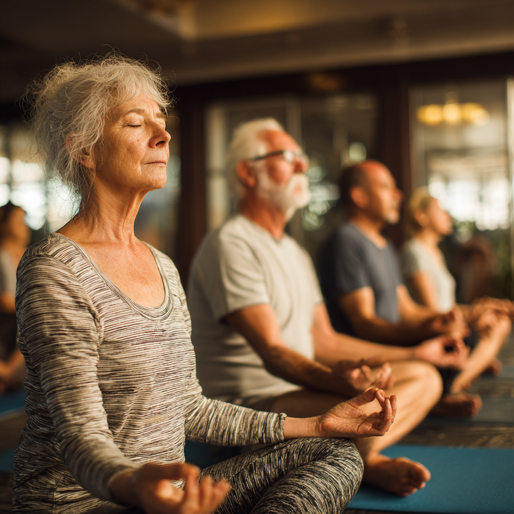 Older adults in comfortable yoga poses during meditation practice